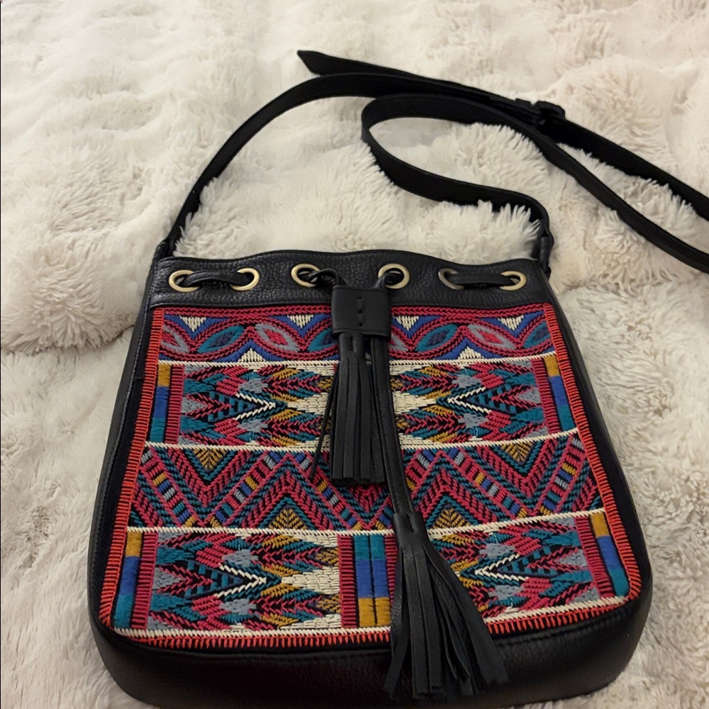 Johnny Was Black leather  and Multicolor embroidered crossbody